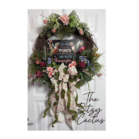 Hummingbird Grapevine Porch Wreath, Gardeners Dream, Home Decor, The Ritzy Cactus