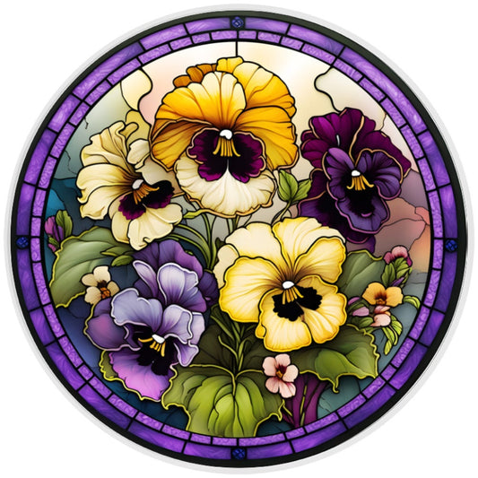 10 Pansies Stained Glass Look Sign, Metal Wreath Sign, Home Decor