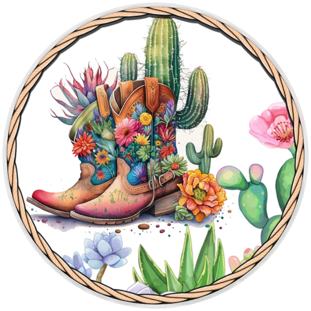10 Western Cactus Cowboy Boot Sign, Wreath Sign, Home Decor