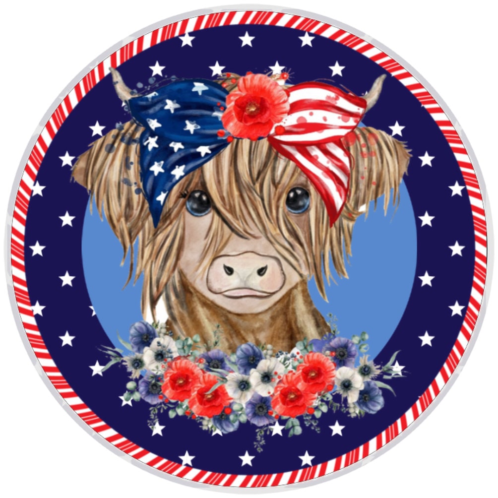 10 Patriotic Highland Cow Floral Sign, Wreath Sign, Home Decor