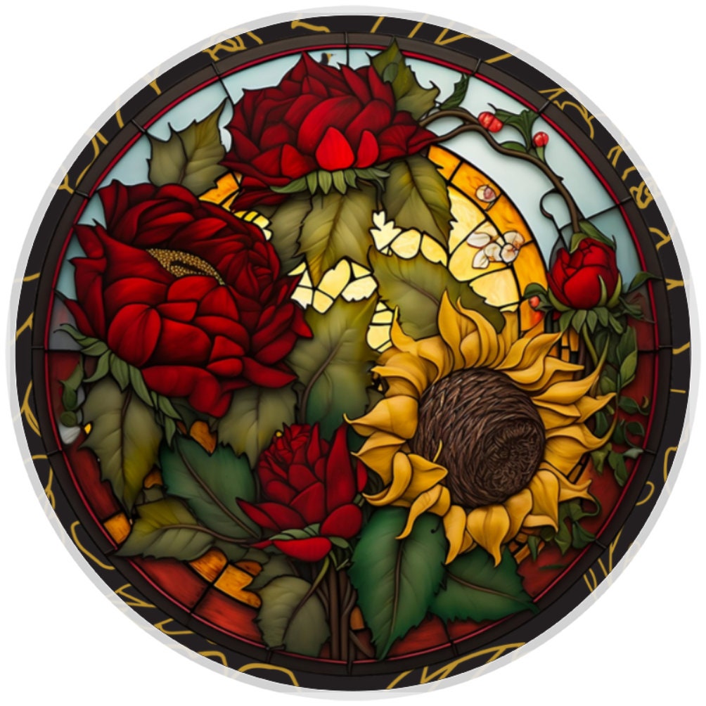 10 Stained Glass Look Rose Sunflower Wreath  Sign, Wreath Sign, Home Decor, Metal Sign, The Ritzy Cactus