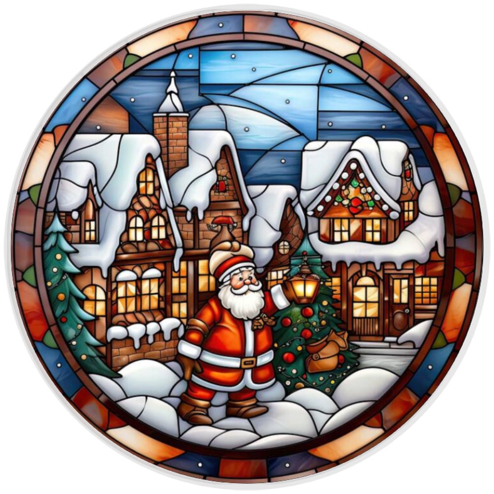 10 Santa Christmas Village Stained Glass Look Wreath Sign, Metal Wreath Sign, Home Decor
