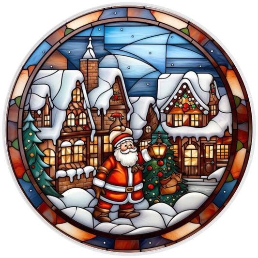 10 Santa Christmas Village Stained Glass Look Wreath Sign, Metal Wreath Sign, Home Decor
