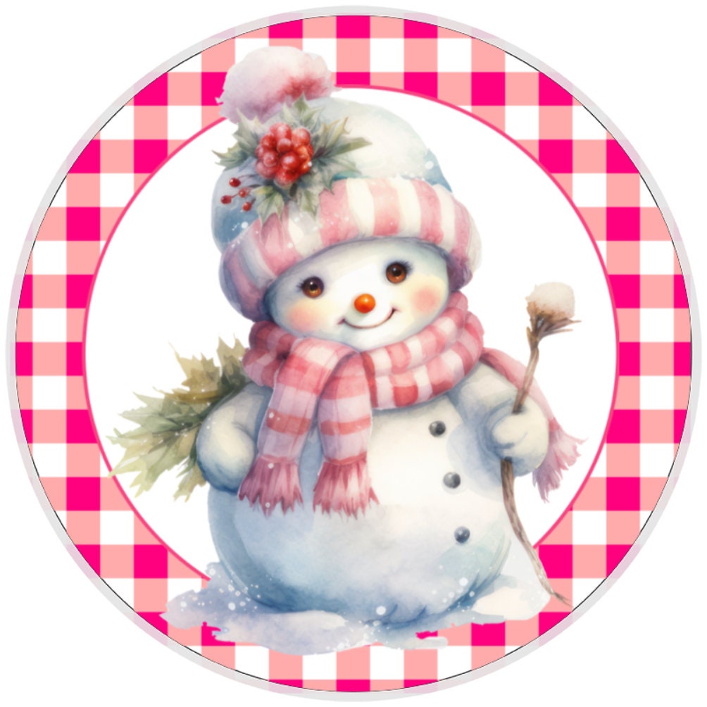 10 Pink Checkered Snowman Winter Sign, Metal Wreath Sign, Home Decor