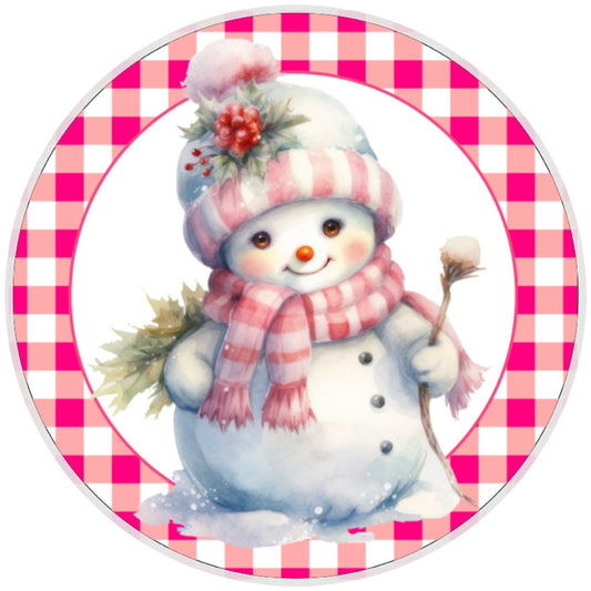 10 Pink Checkered Snowman Winter Sign, Metal Wreath Sign, Home Decor