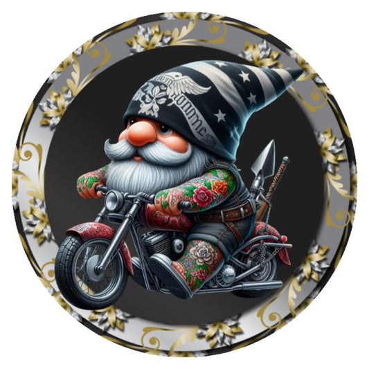 10 Gnome Biker Silver Sign, Metal Wreath Sign, Home Decor