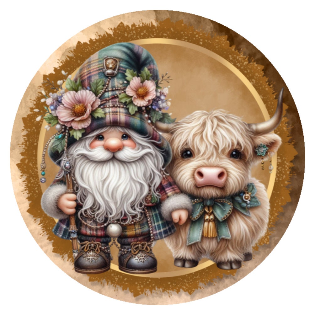 10 Plaid Gnome Highland Cow Sign, Wreath Sign, Home Decor, Ritzy Cactus