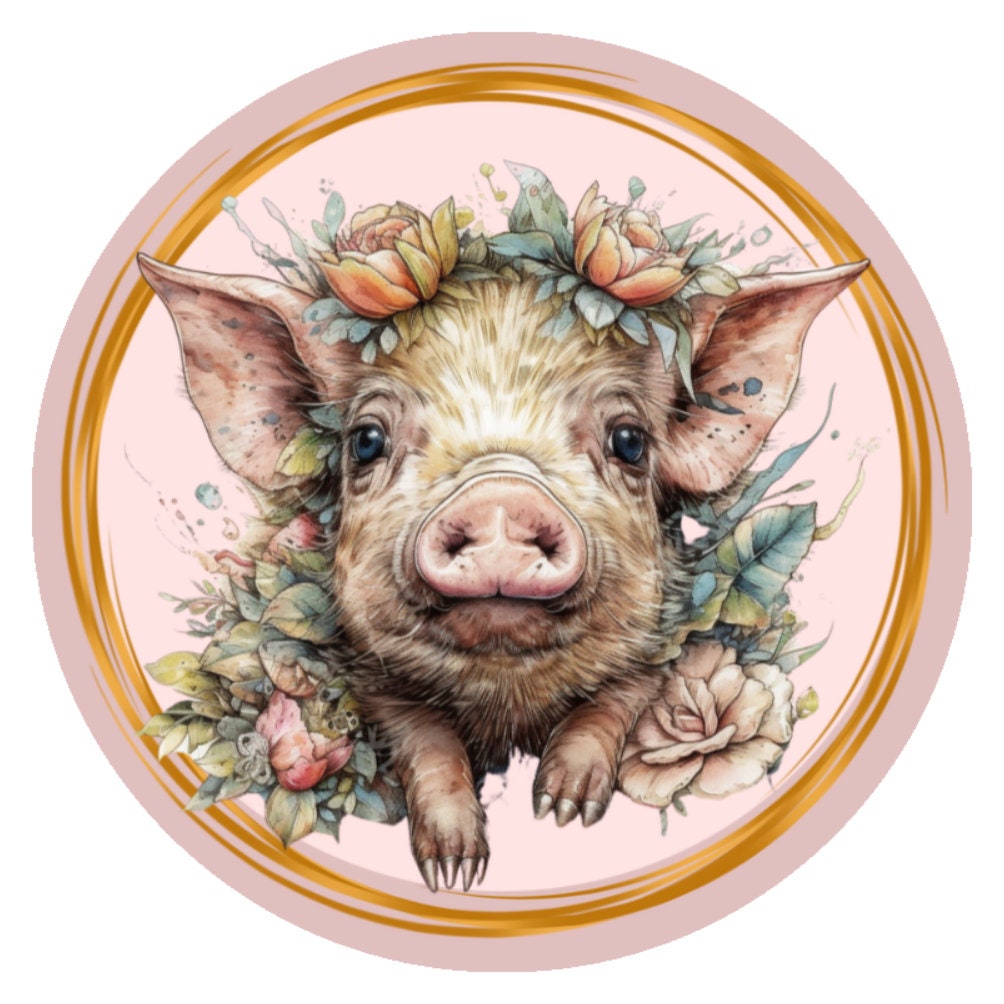 10 Floral Pink Pig Sign, Metal Wreath Sign, Home Decor
