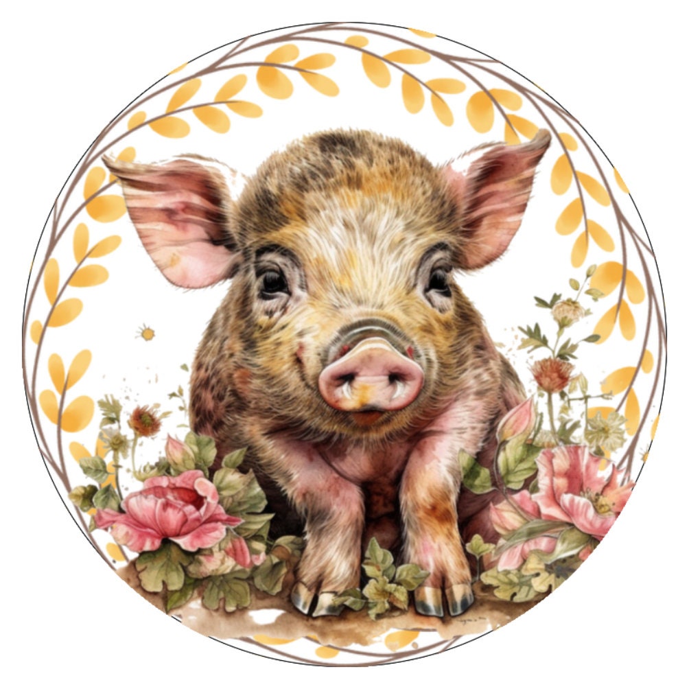 10 Golden Floral Pig Sign, Metal Wreath Sign, Home Decor