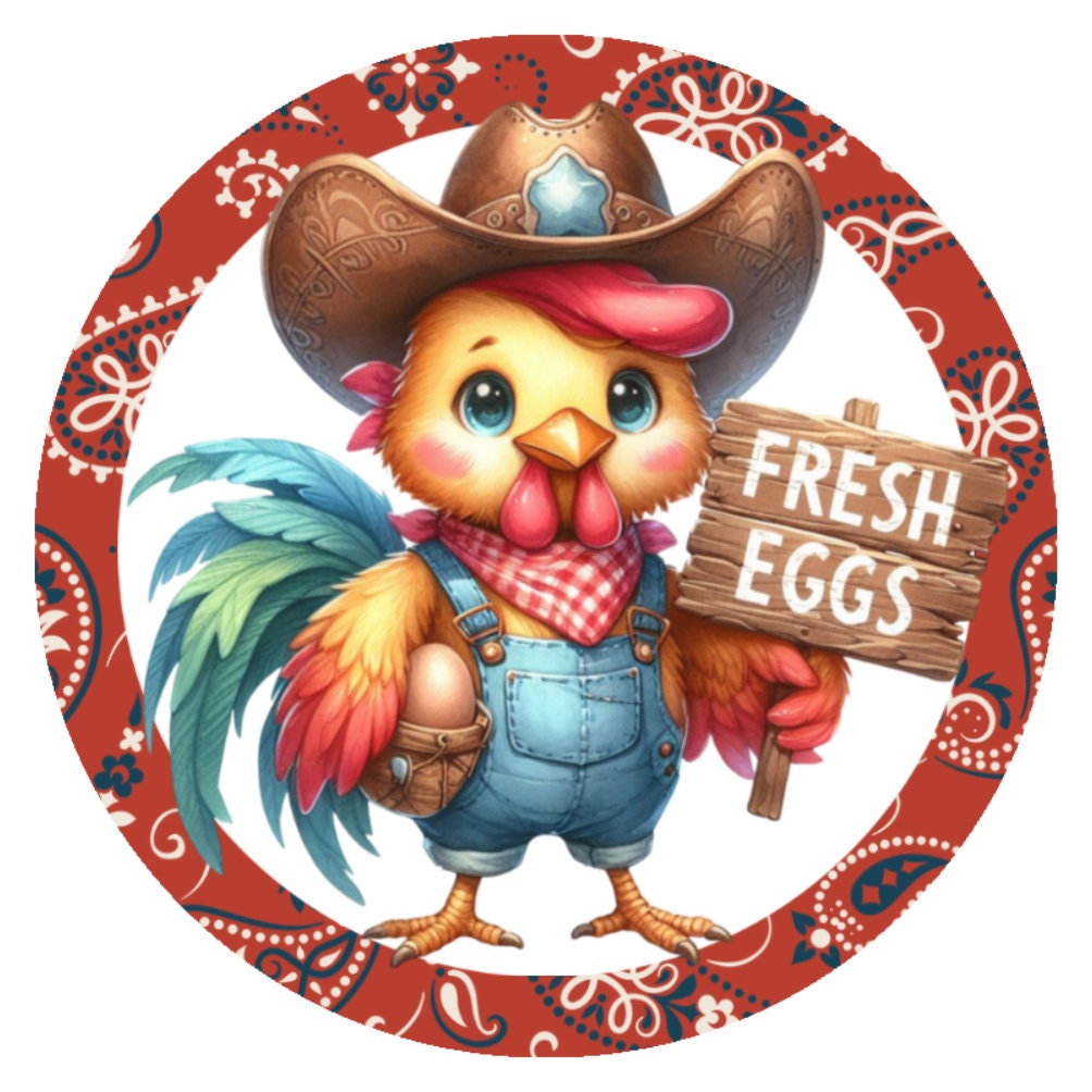 10 Fresh Eggs Rooster Bandanna Sign, Metal Wreath Sign, Home Decor
