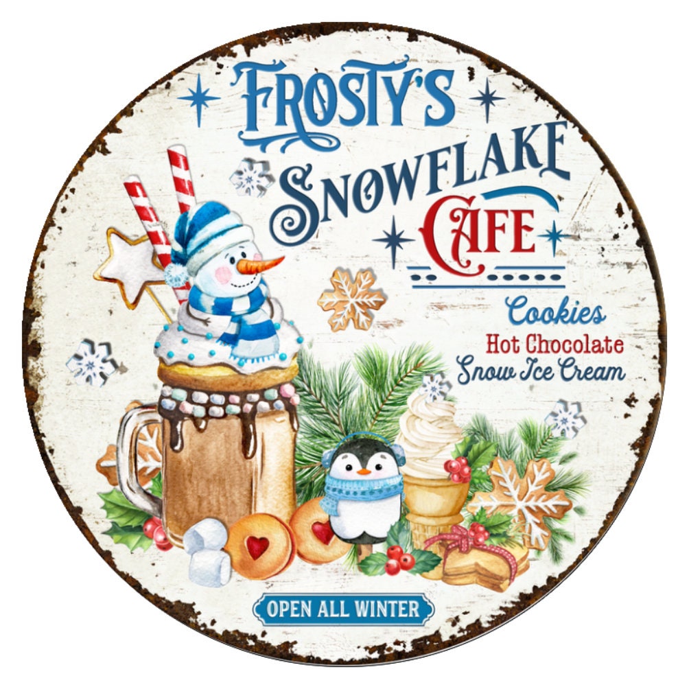 10 Frost Snowflake Cafe Snowman Wreath Sign, Metal Wreath Sign, Home Decor