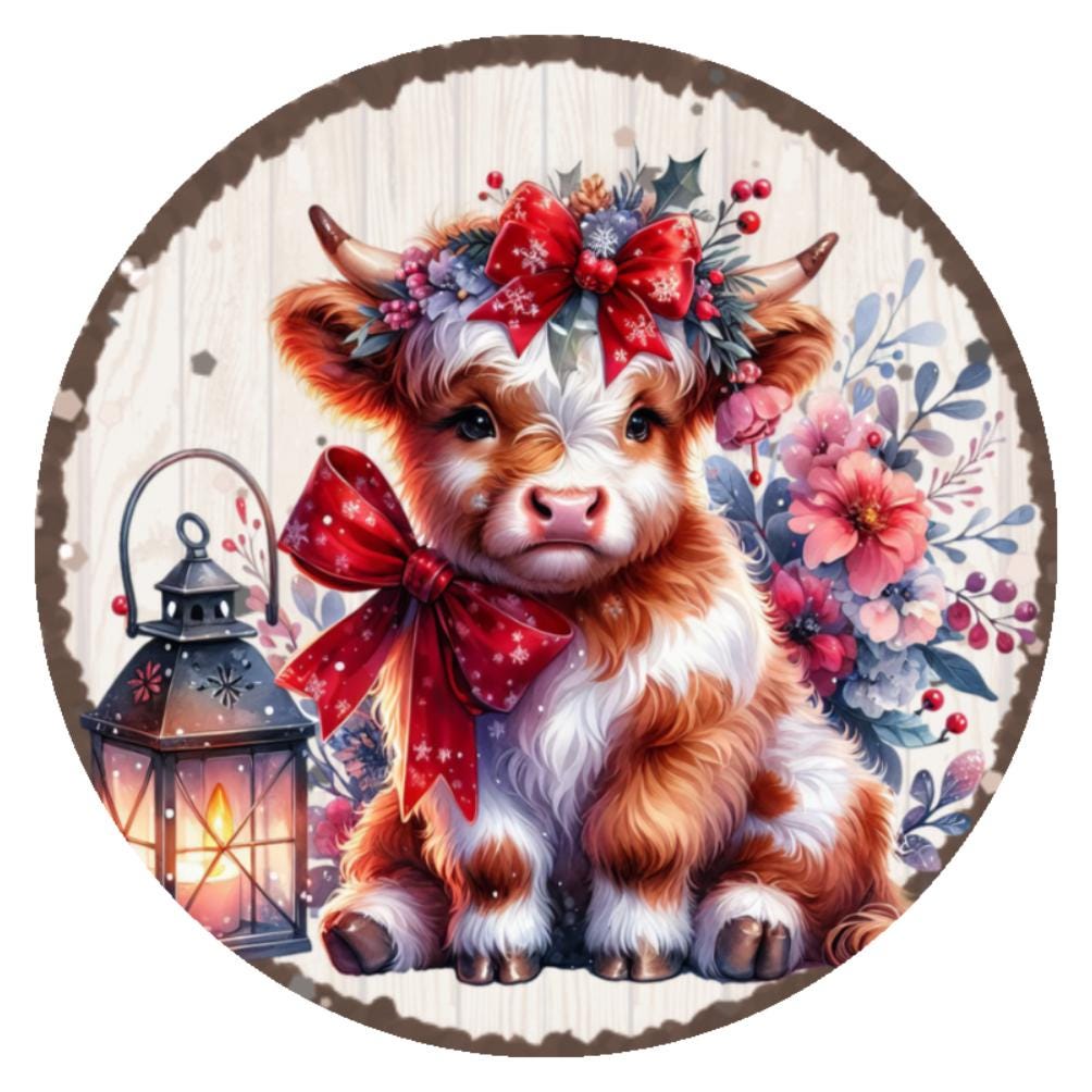 10 Baby Highland Cow Holiday Sign, Wreath Sign, Metal Sign, Home Decor