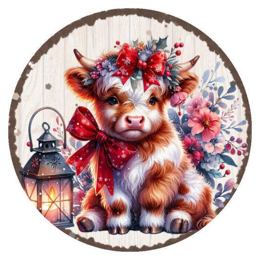 10 Baby Highland Cow Holiday Sign, Wreath Sign, Metal Sign, Home Decor