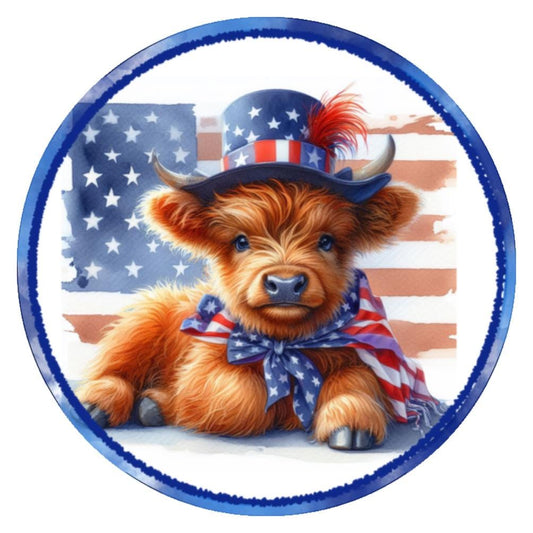 10 Patriotic Highland Cow Flag Wreath Sign, Wreath Sign, Home Decor, Metal Sign, The Ritzy Cactus