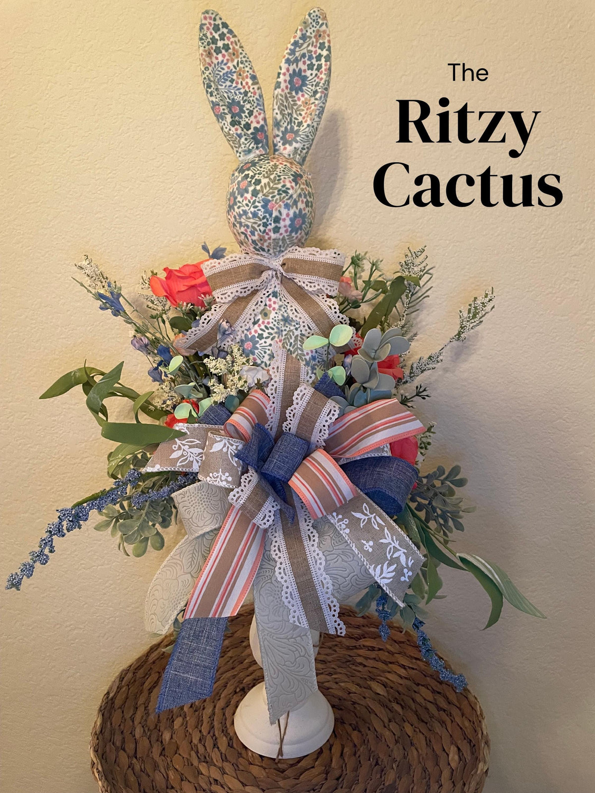 Easter Bunny Pedestal Floral Tabletop Decoration 28 Inches - One of a Kind Easter Decor Tabletop Wreath