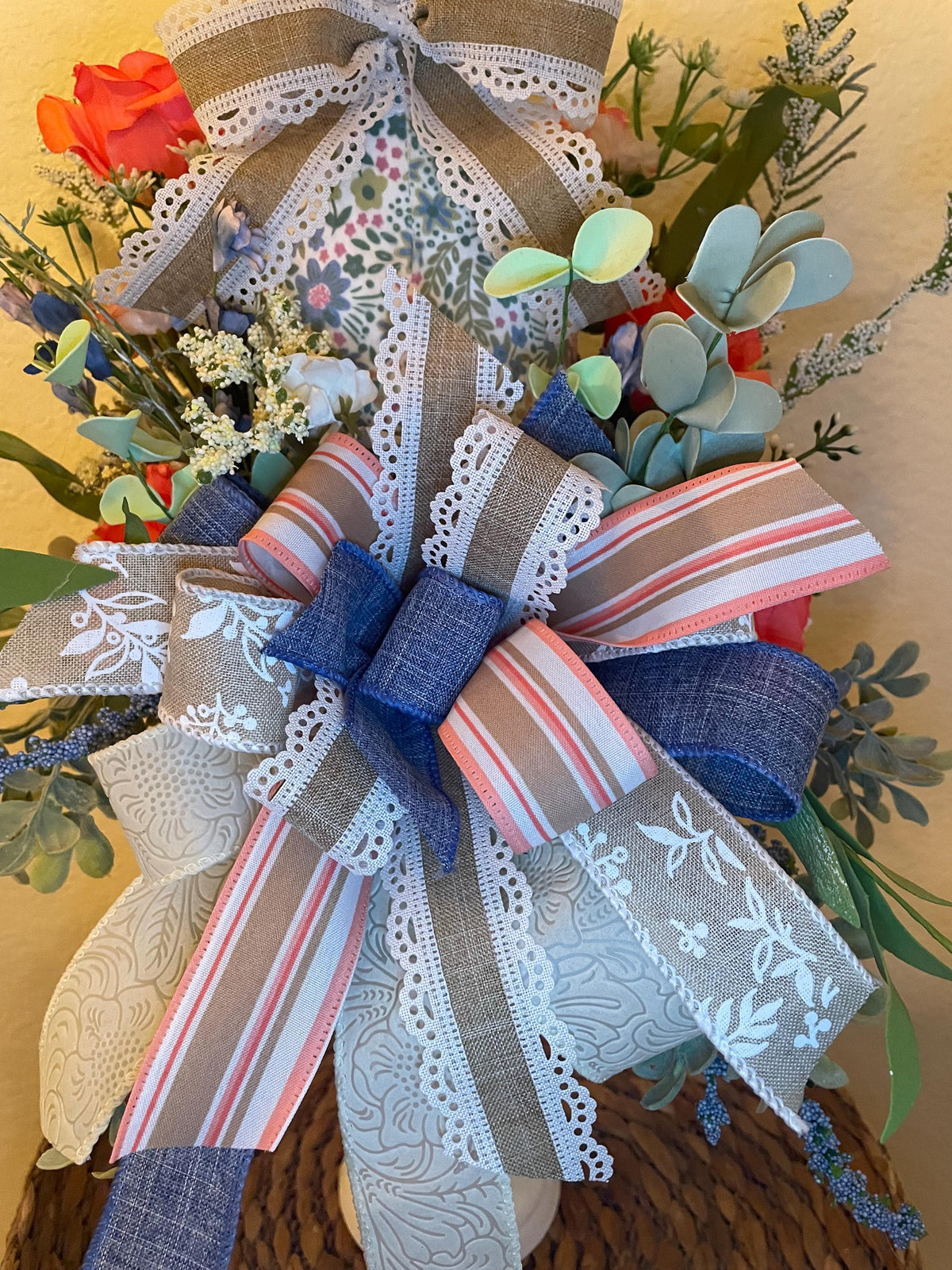 Easter Bunny Pedestal Floral Tabletop Decoration 28 Inches - One of a Kind Easter Decor Tabletop Wreath