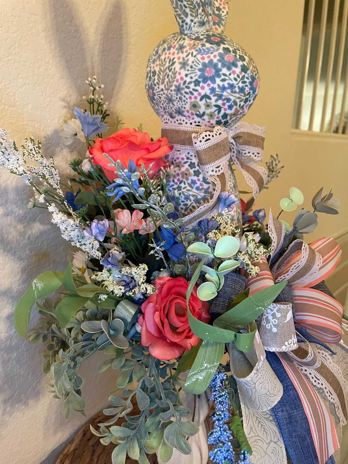 Easter Bunny Pedestal Floral Tabletop Decoration 28 Inches - One of a Kind Easter Decor Tabletop Wreath