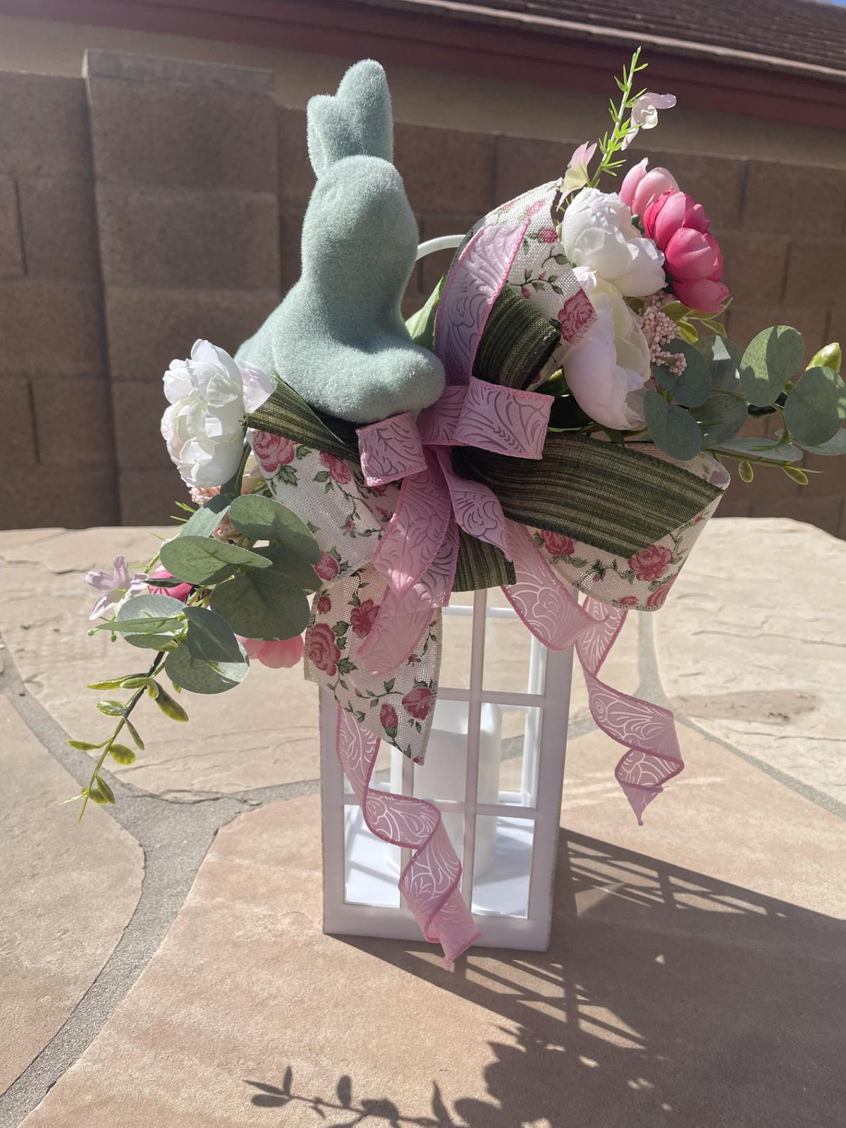 Whimsical White Solar Lantern Spring Easter Bunny Begonias Table Top Decor - One-of-a-Kind Spring Décor