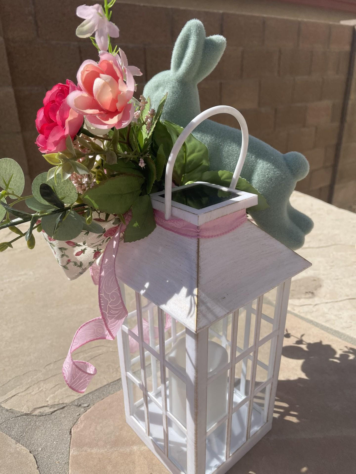 Whimsical White Solar Lantern Spring Easter Bunny Begonias Table Top Decor - One-of-a-Kind Spring Décor