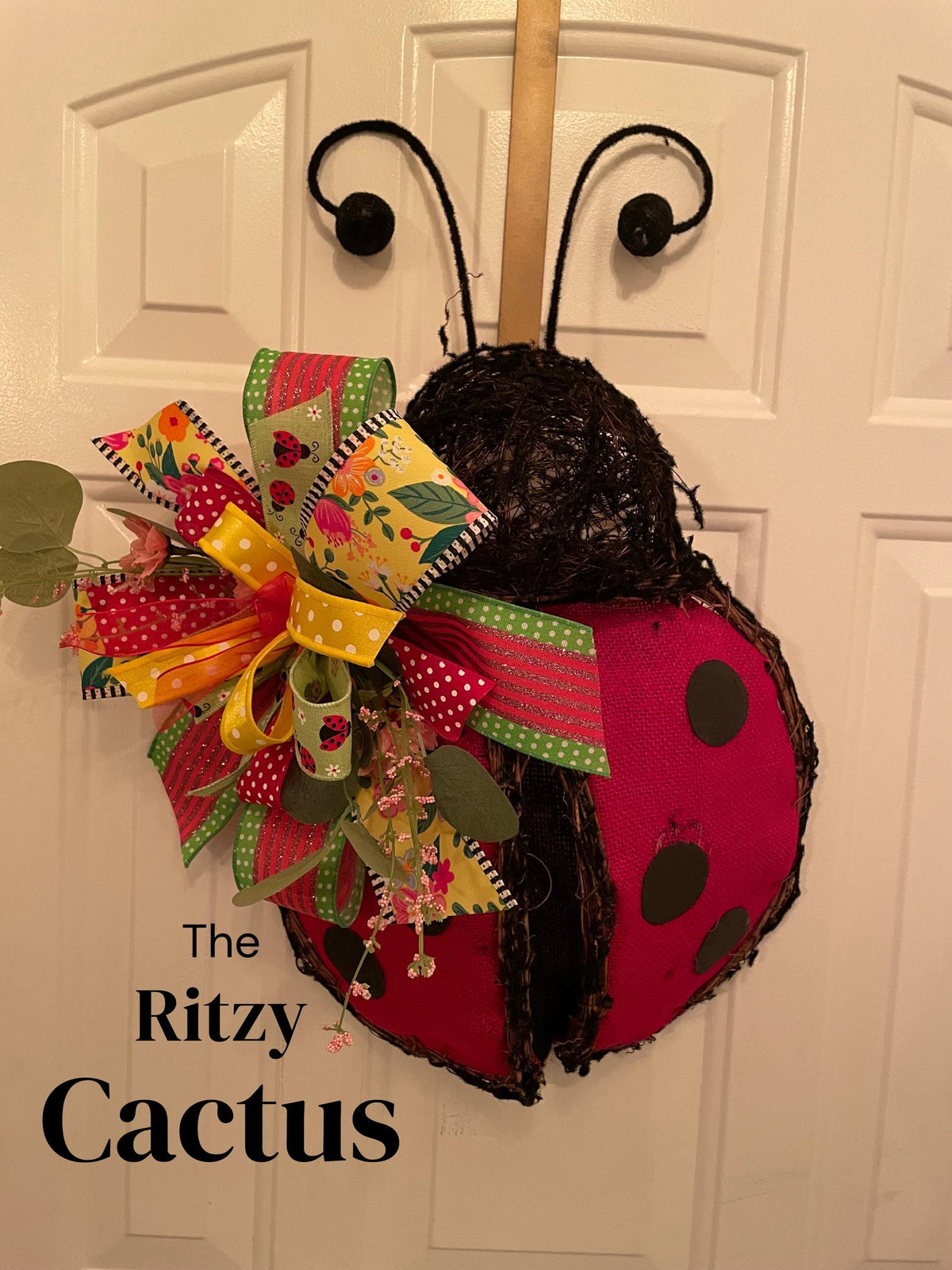 Ladybug Wreath Door Decoration Lime Ribbon - 21 x 17 Inches  One-of-a-Kind Summer Décor
