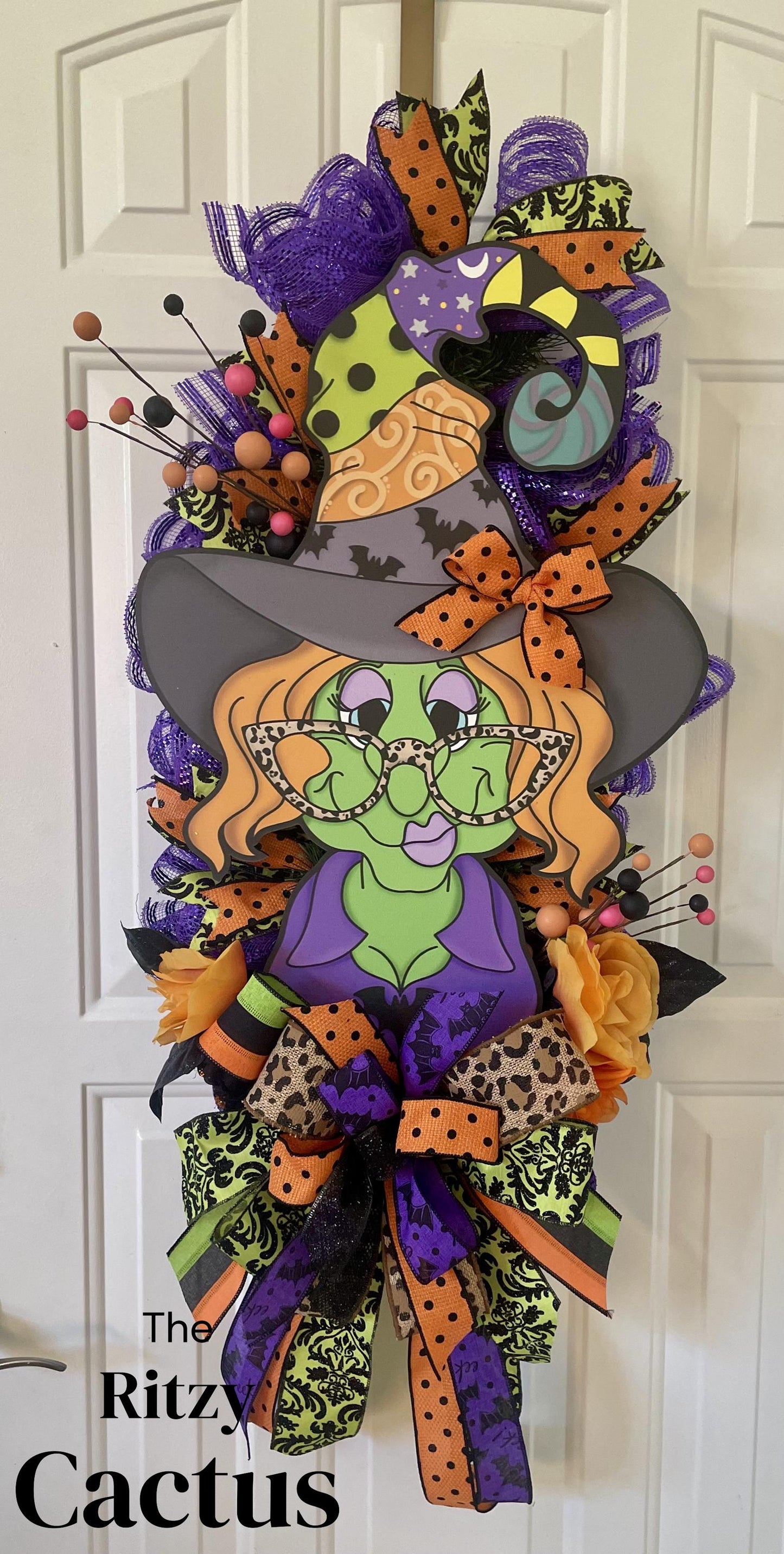 Sassy Witch with Leopard Glasses, Halloween Wreath, Door Decor 40x16 - Inches – One-of-a-Kind Halloween Décor