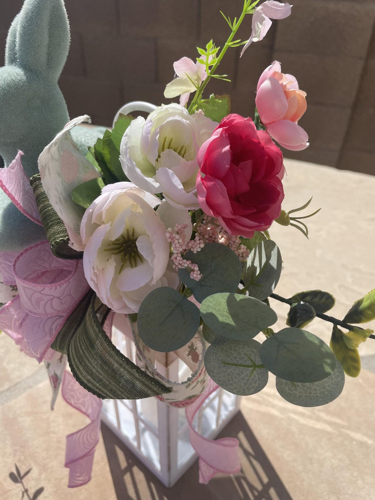 Whimsical White Solar Lantern Spring Easter Bunny Begonias Table Top Decor - One-of-a-Kind Spring Décor