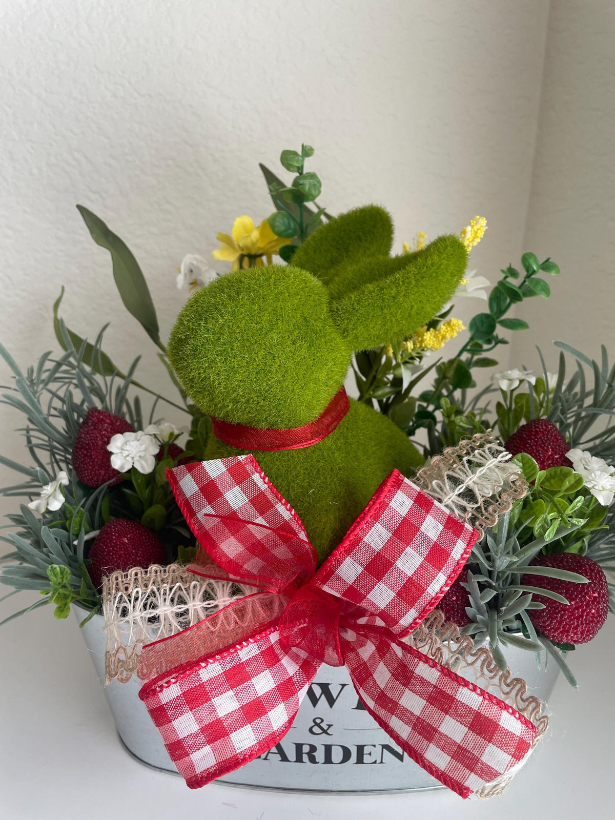 Adorable Flocked Bunny Floral Arrangement Tabletop Decoration 12 x 12 Inches - One of a Kind Easter Decor Tabletop Wreath
