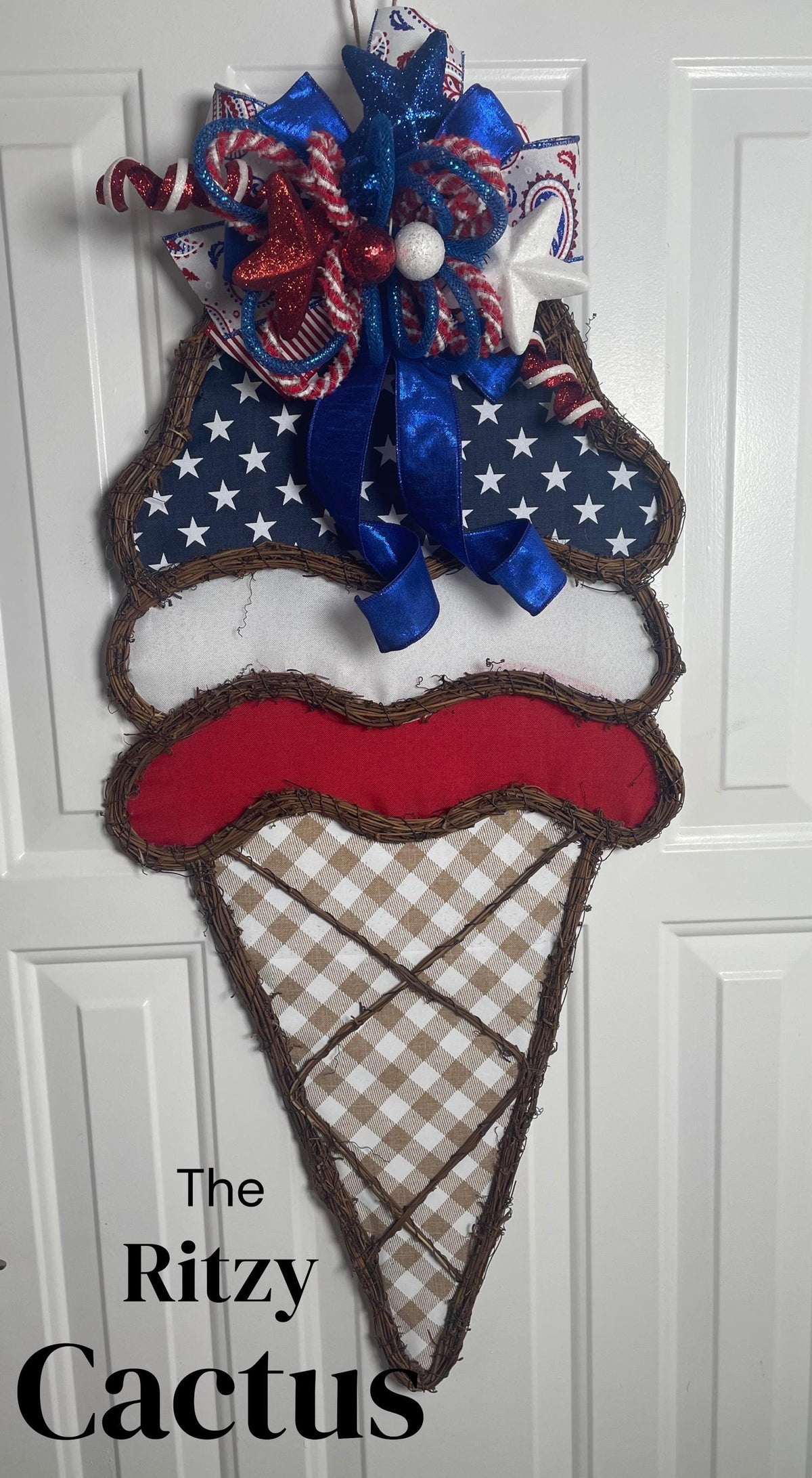 Patriotic Ice Cream Cone Wreath Door Decoration Blue Ribbon - 15 x 36 Inches  One-of-a-Kind Summer Décor