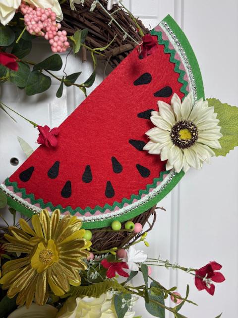 Whimsical Watermelon Floral Summertime Grapevine Wreath 24 x 29 inches One-of-a-Kind Door Décor