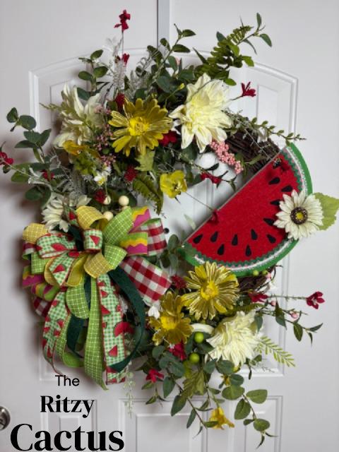 Whimsical Watermelon Floral Summertime Grapevine Wreath 24 x 29 inches One-of-a-Kind Door Décor