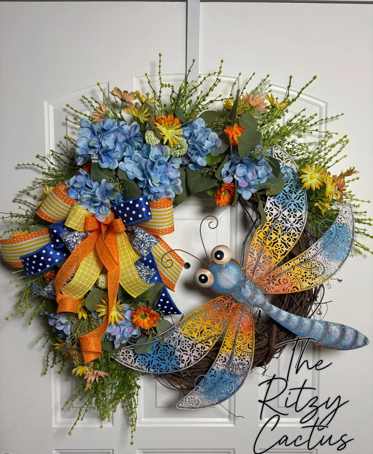 Glittery Dragonfly Whimsical Wreath, Wildflowers, Hydrangeas, Grassy Sprays, Door Decor