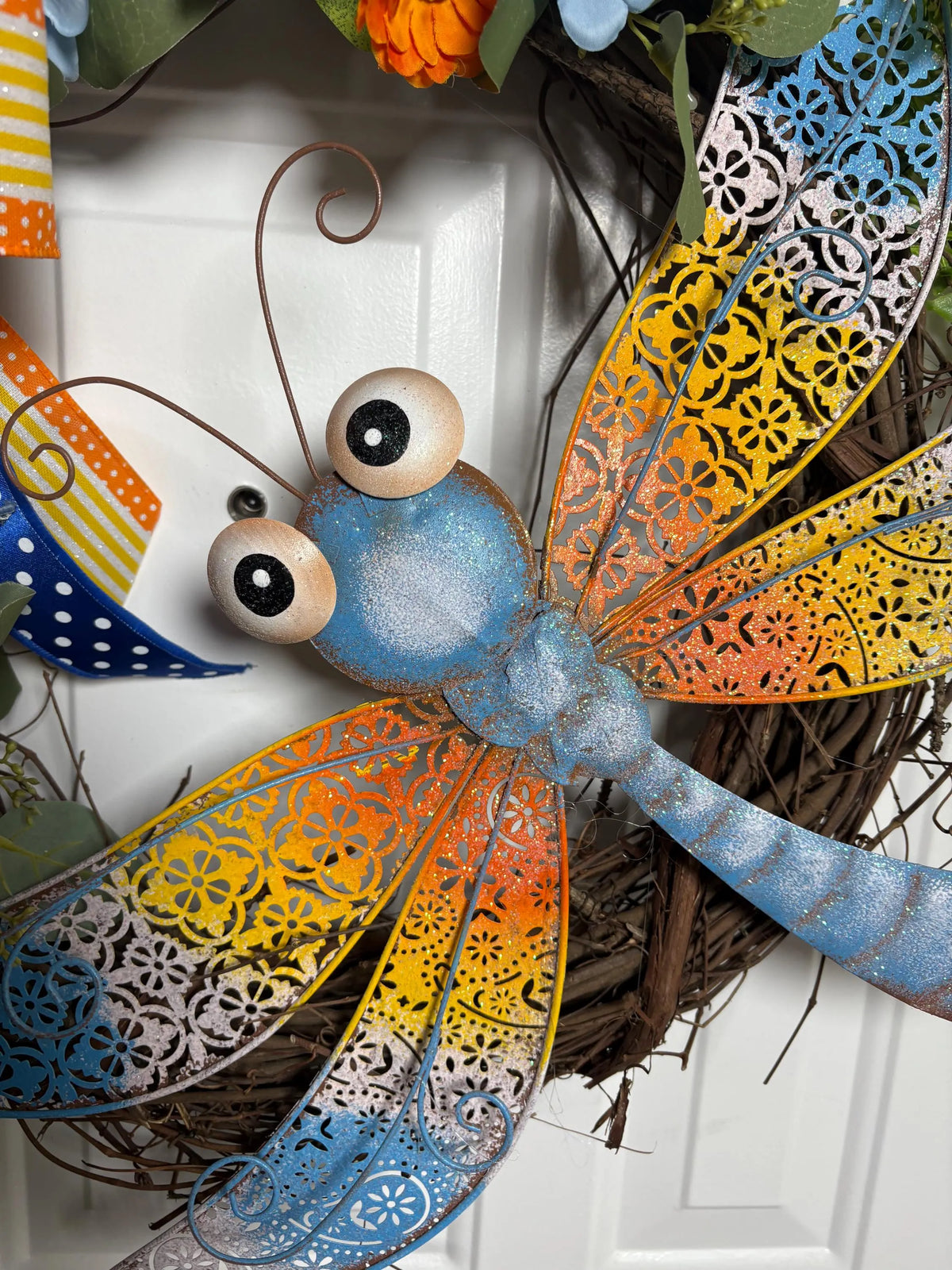 Glittery Dragonfly Whimsical Wreath, Wildflowers, Hydrangeas, Grassy Sprays, Door Decor