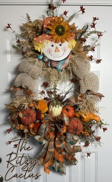 Oversized Scarecrow Wreath, 40 x 24 Inches, Bundle of Pumpkins & Gourd, Fall Wreath, Autumn Farmhouse Decor, The Ritzy Cactus