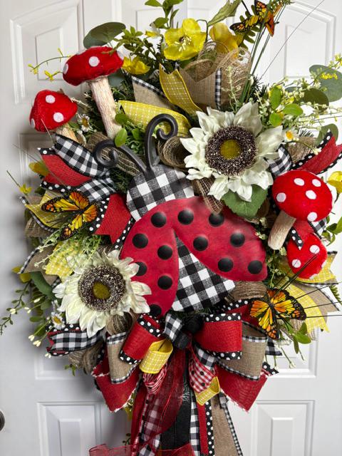 Ladybug Garden Wreath,  A Whimsical Touch of Nature’s Charm, Butterflies and mushrooms, Wreath, Home Decor, The Ritzy Cactus