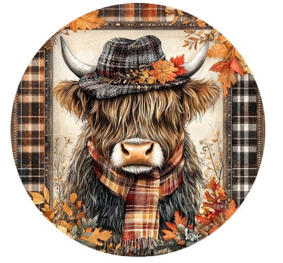 10 Highland Cow Black Plaid Fall Wreath Sign, Wreath Sign, Metal Sign, Home Decor