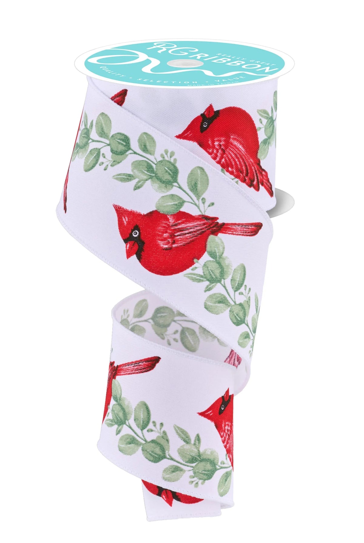 Cardinal With Eucalyptus Wired Ribbon  – 2.5" x 10 Yards, Christmas Wreath Ribbon, Craft Supplies