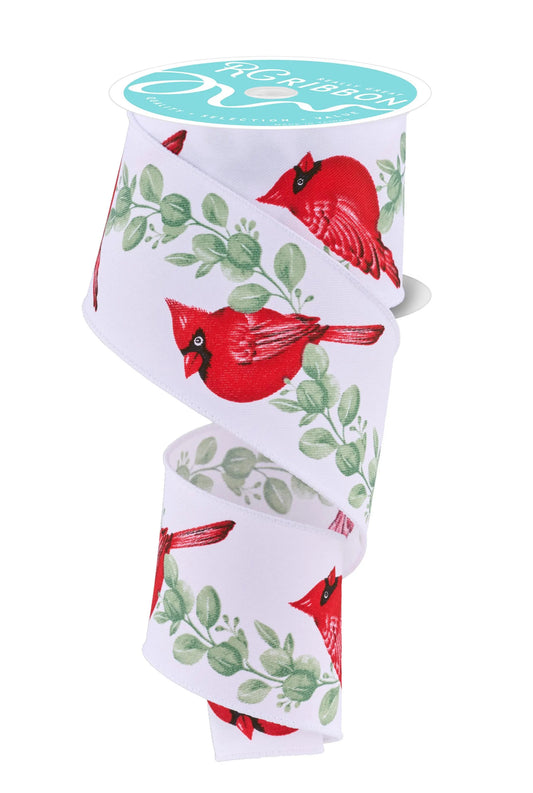 Cardinal With Eucalyptus Wired Ribbon by RG Ribbon – 2.5" x 10 Yards, Christmas Wreath Ribbon, Craft Supplies