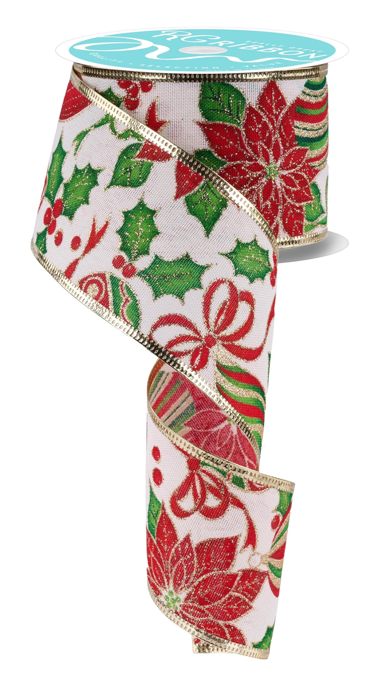 Poinsettia Ornament Gold Edged Wired Ribbon by RG Ribbon  2.5" x 10 Yards, Christmas  Wreath Ribbon, Craft Supplies