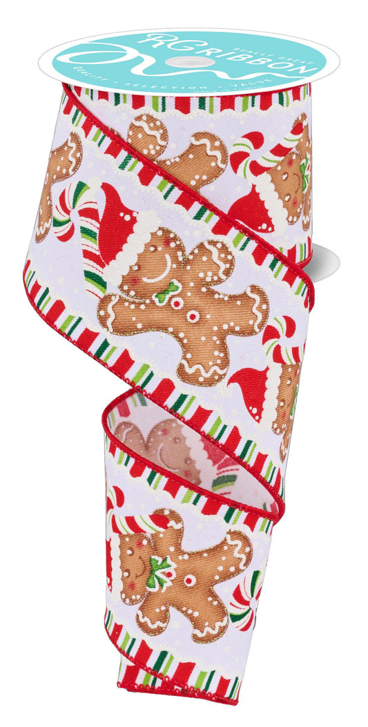 Gingerbread with Santa Hat Wired Ribbon – 2.5" x 10 Yards, Christmas Wreath Ribbon, Craft Supplies
