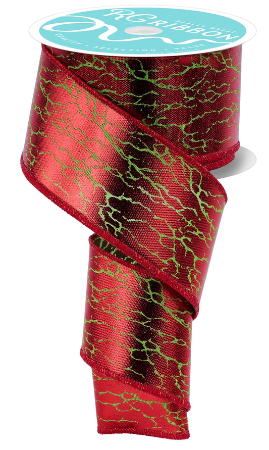 Red Green Cracked Foil Wired Ribbon by RG Ribbon – 2.5" x 10 Yards, Christmas Wreath Ribbon, Craft Supplies