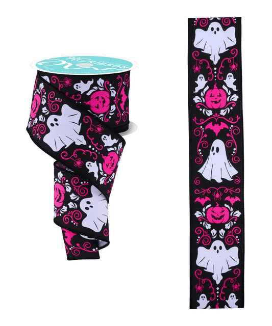 Halloween Damask Ghost Hot Pink Pumpkin Wired Ribbon by RG Ribbon – 2.5" x 10 Yards, Halloween Wreath Ribbon, Craft Supplies