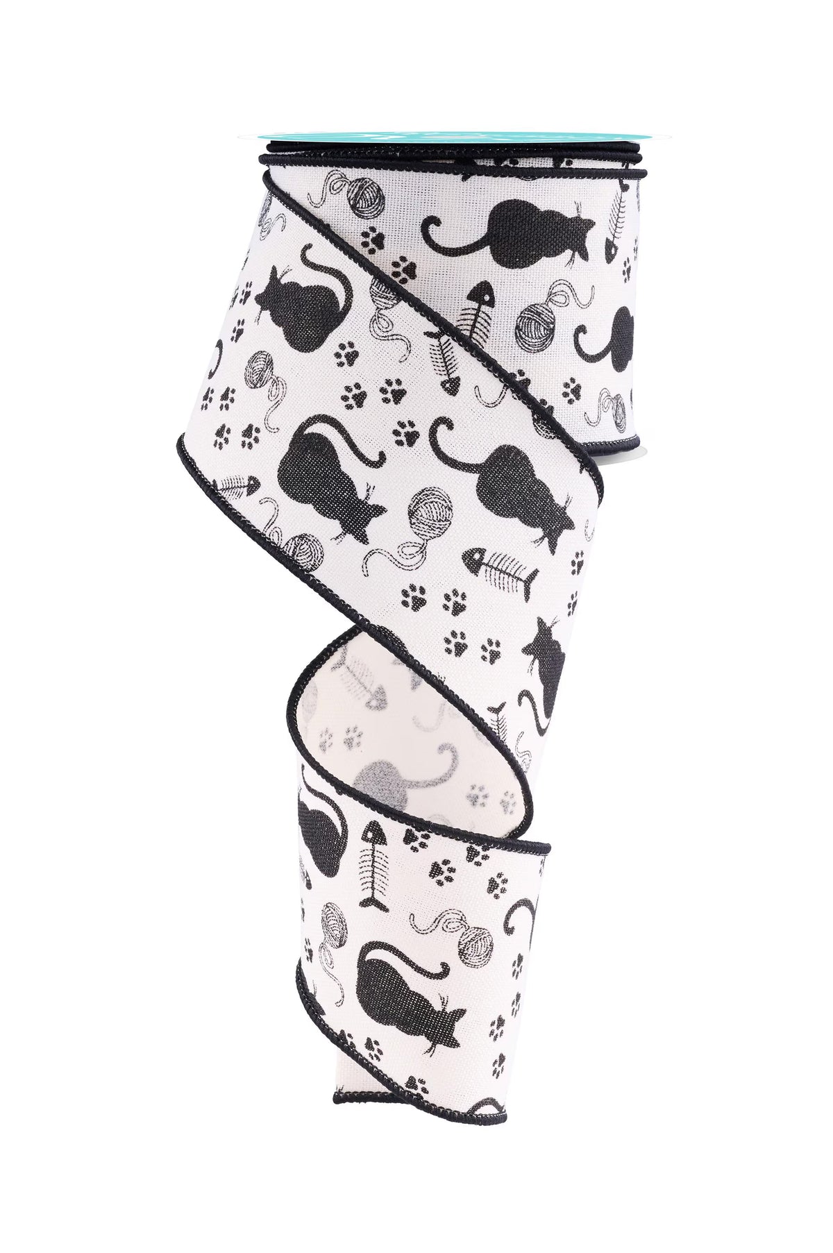 Cat Silhouettes Fish Bone Black White Wired Ribbon  – 2.5" x 10 Yards, Wreath Ribbon, Craft Supplies