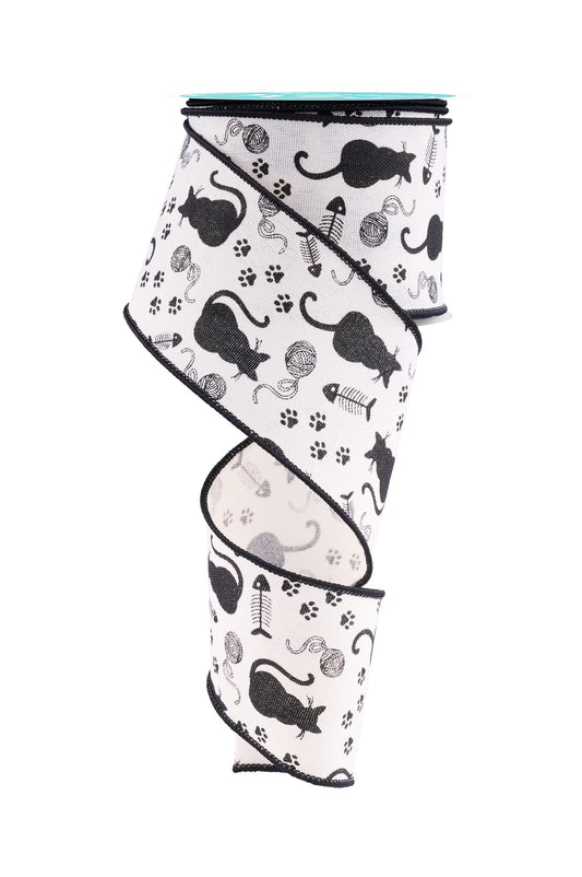 Cat Silhouettes Fish Bone Black White Wired Ribbon by RG Ribbon – 2.5" x 10 Yards, Wreath Ribbon, Craft Supplies