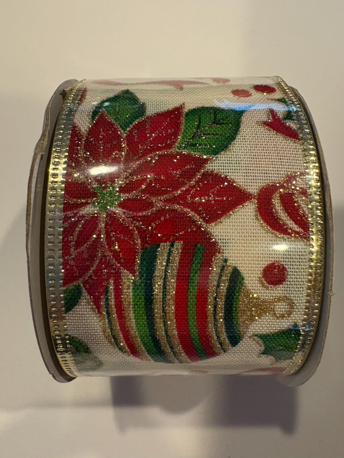 Poinsettia Ornament Gold Edged Wired Ribbon by RG Ribbon  2.5" x 10 Yards, Christmas  Wreath Ribbon, Craft Supplies