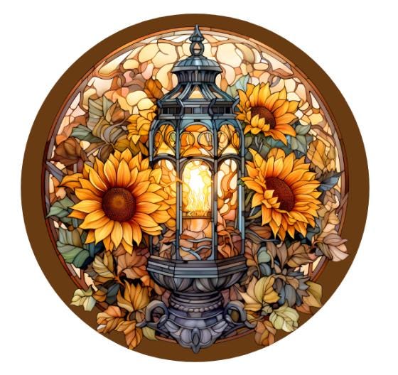 10  Fall Sunflower Lantern Stained Glass Look Sign, Wreath Sign, Metal Sign, Home Decor