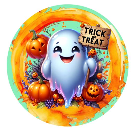 10" Ghost Trick or Treat Pumpkin Halloween Sign,  Wreath Sign, DIY Wreath Maker Sign, Metal Sign, Home Decor