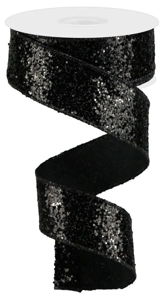 Black Glitter Wired Ribbon by RG Ribbon – 1.5" x 10 Yards, Wreath Ribbon, Craft Supplies