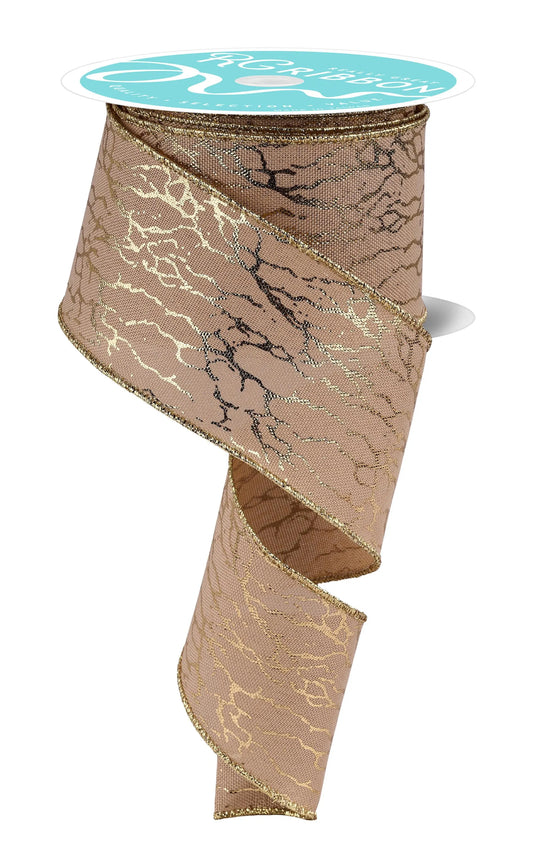Beige Cracked Gold Foil Wired Ribbon by RG Ribbon – 2.5" x 10 Yards, Christmas Wreath Ribbon, Craft Supplies