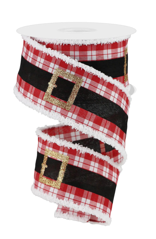 Santa Belt On Woven Base With White Snowdrift Edge Wired Ribbon by RG Ribbon – 2.5" x 10 Yards, Christmas Wreath Ribbon, Craft Supplies