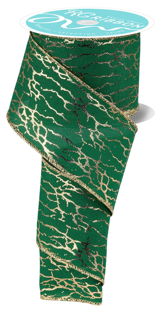 Green & Gold  Foil Twig Wired Ribbon by RG Ribbon – 2.5" x 10 Yards, Christmas Wreath Ribbon, Craft Supplies